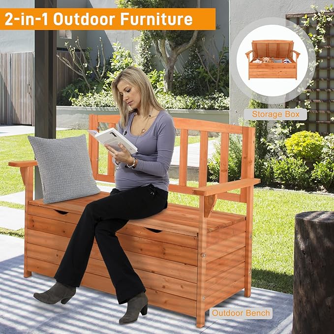 Outvita Outdoor Wood Storage Bench, Wooden Large Deck Box with Seating & Armrest, Waterproof Patio Organizer Loveseat for Garden Porch Deck Backyard Poolside, Natural