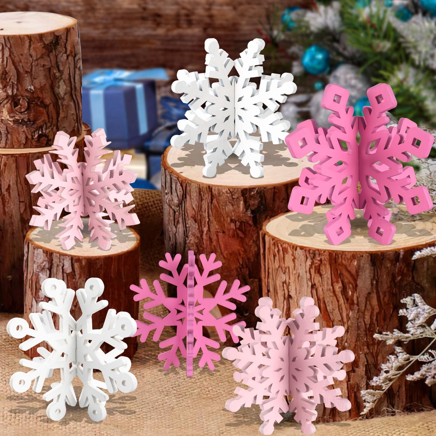 OuMuaMua 12 Set Snowflake Christmas Table Decorations - 24pcs Pink White Wooden 3D Snowflake Decor Tabletop Centerpieces for Christmas Party Supplies Home Decor