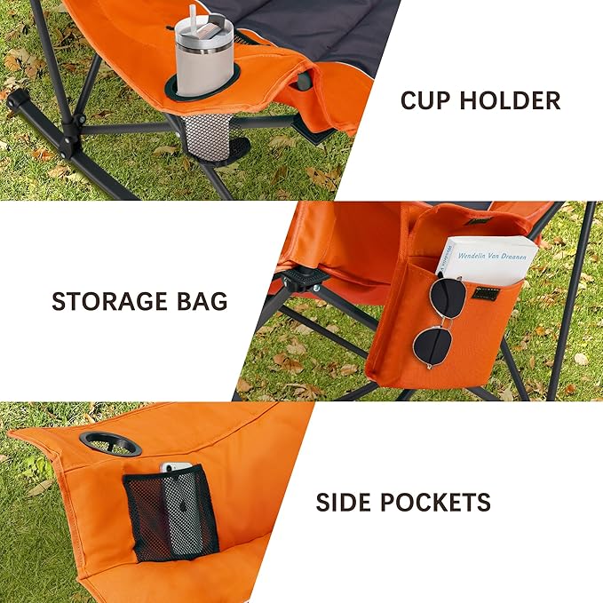 Oversized Rocking Camping Chair with Headrest & Cup Holder - 400lbs Capacity, 600D Oxford Fabric, Easy Fold Portable Outdoor Rocker Chair for Camping, Backyard, Beach, Orange