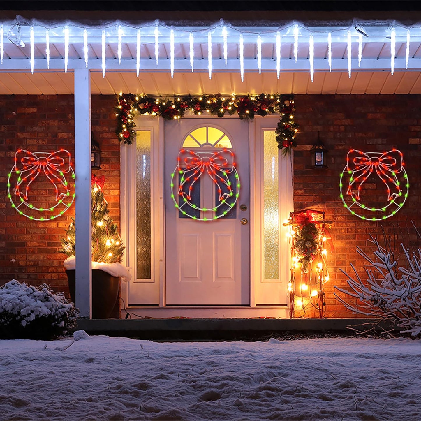 Christmas Wreath Window Silhouette Lights - 12.5" x 13.5" Bright LED Christmas Wreath with Bow, 8 Modes USB Powered / Battery Operated Window Lights for Wall Door Home Party Decor, Red and Green