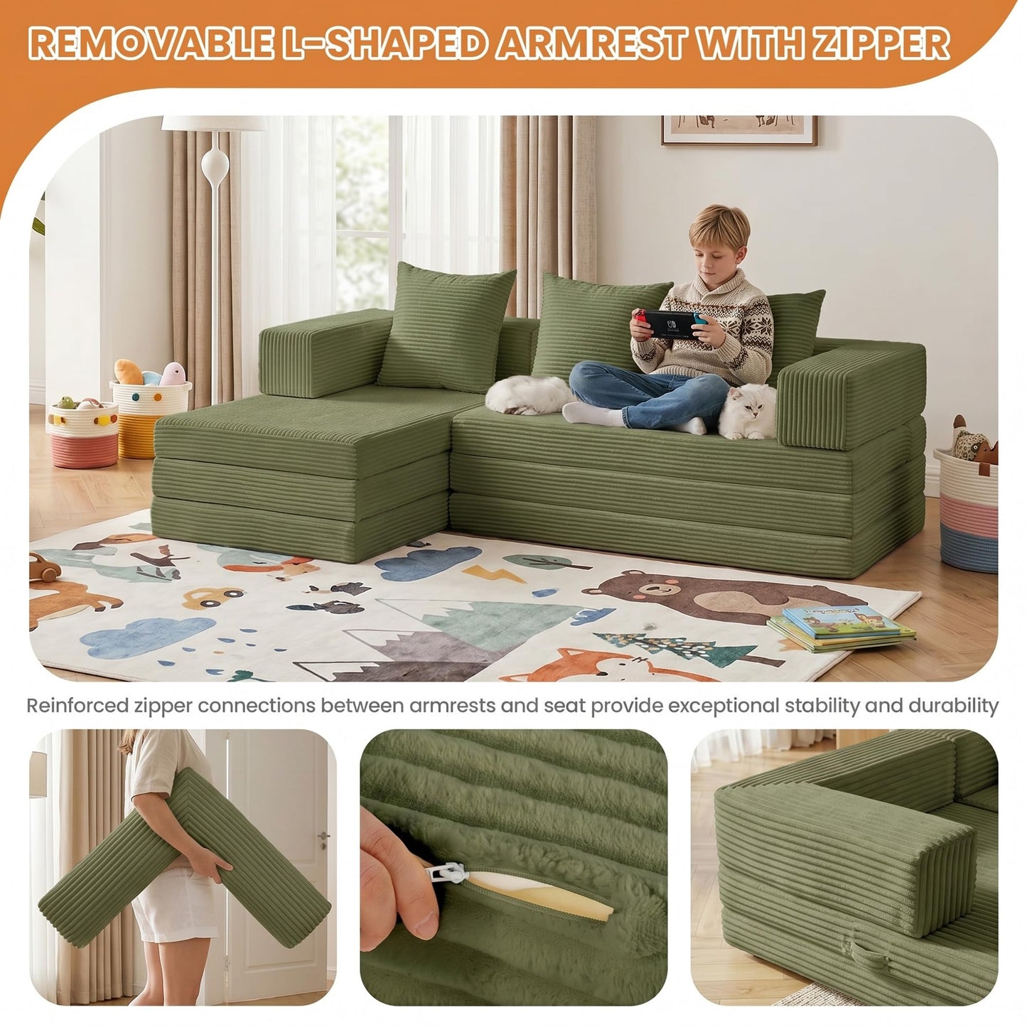 65" Modular Sectional Sofa, Boneless Convertible Sleeper Sofa Bed, Modern Tri-Folding Cloud Couch with L-Shape Chaise, Corduroy Futon Couches for Living Room Small Spaces Apartment,No Assembly,Green