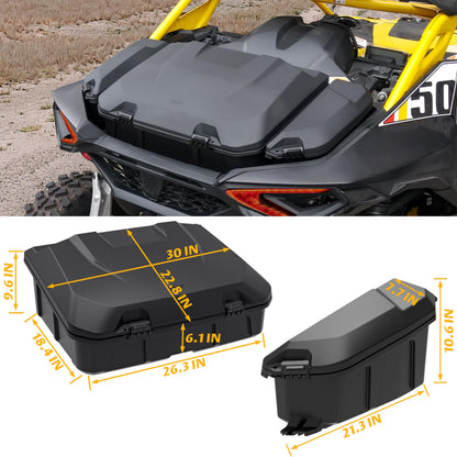 SAUTVS Poly Water Resistant Large Capacity Rear 96L Storage Cargo Trunk Box & 13.5L Side Cargo Storage Boxes Set for Can-Am Maverick R MAX X RS 2024+ Accessories (3PCS, Replace #715007182, 715007372)