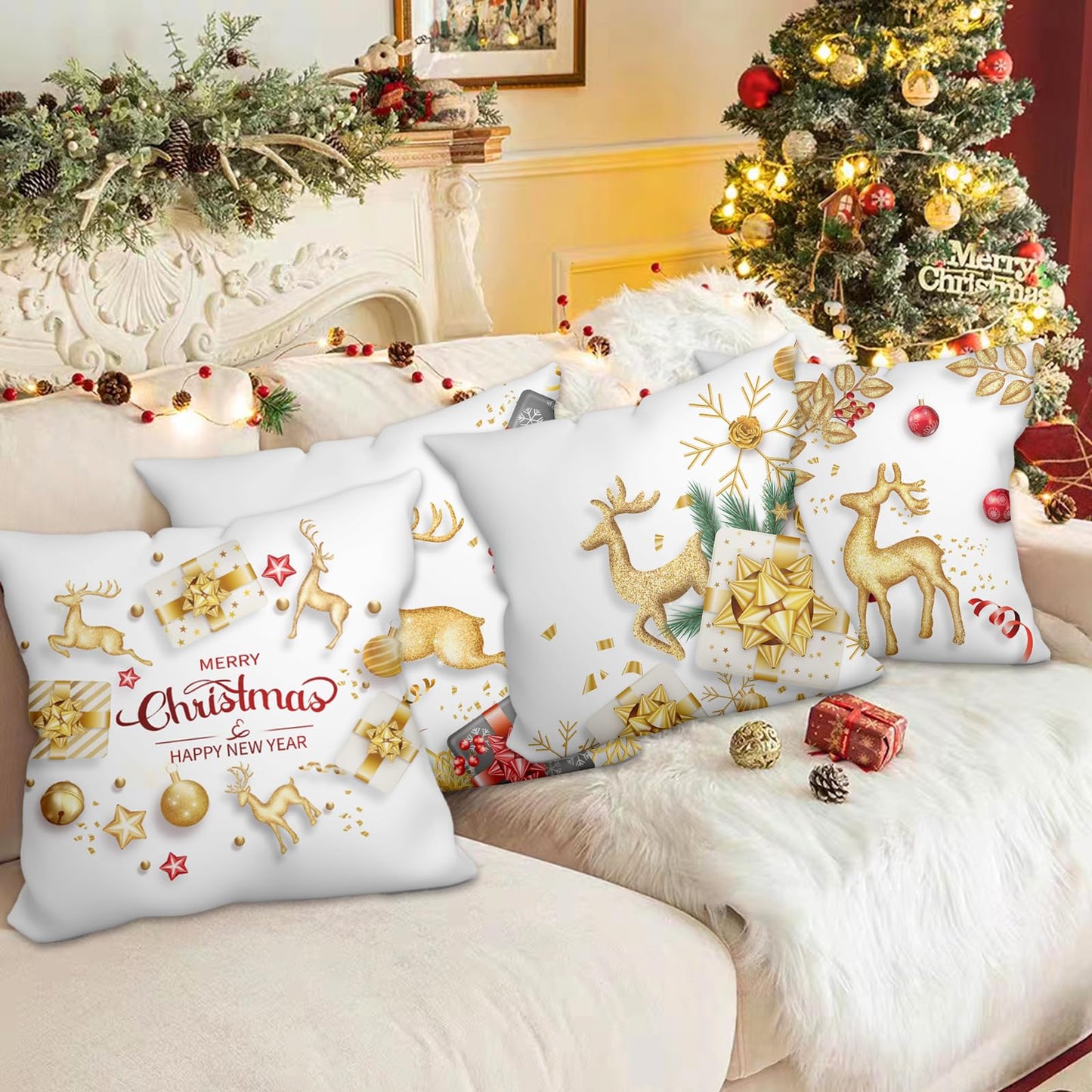 WSZBDY Christmas Throw Pillow Covers White Gold Snowflake Reindeer Christmas Decorations 18X18 inch Set of 4 Winter Christmas Indoor Home Holiday Ornaments Short Push Cushion for Sofa Tree