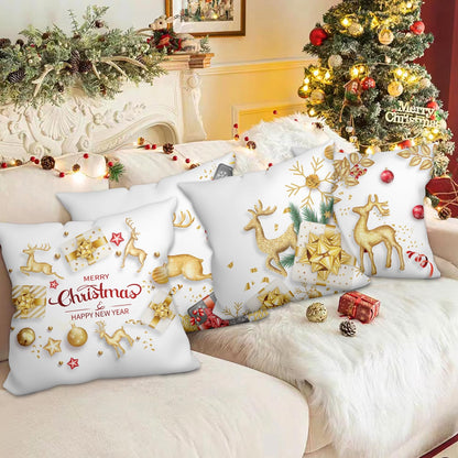 WSZBDY Christmas Throw Pillow Covers White Gold Snowflake Reindeer Christmas Decorations 18X18 inch Set of 4 Winter Christmas Indoor Home Holiday Ornaments Short Push Cushion for Sofa Tree