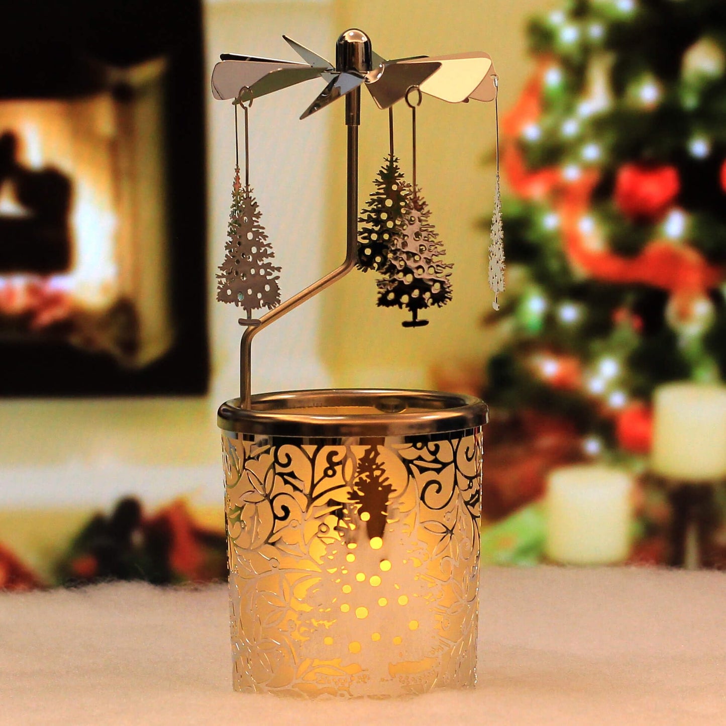 iLaJao Rotary Tea Light Carousel Angel Rotary Candle Holders Spinning Tealight Holders Christmas Decoration for Tabel Centrepieces Gift for Mom Women Wife Birthday-6 ¼ Inch Tall (Tree)