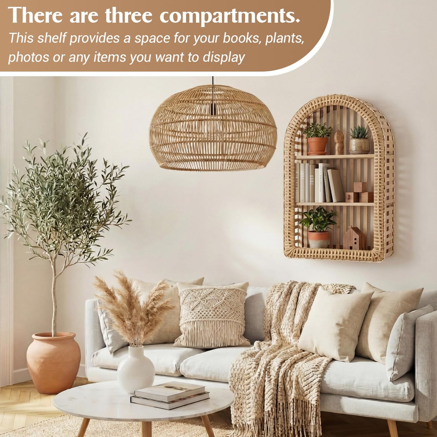 Pinkunn 20'' x 12'' 3 Tier Rattan Wall Shelf Boho Arch Hanging Shelves Arched Wall Mounted Wicker Shelf Decorative Farmhouse Handcraft Floating Storage Display Rack for Bathroom Living Room Decor
