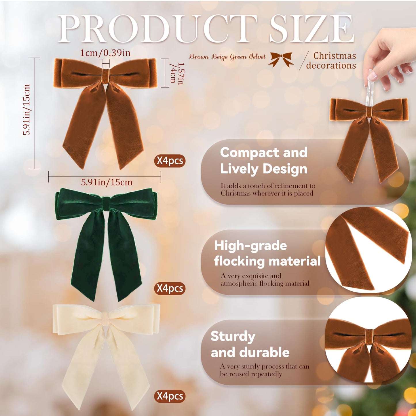 12Pcs Velvet Bows for Christmas Tree, Brown Beige Green Bow Christmas Decorations with Twist Tie, Mix Velvet Bow Ornaments Bulk for Wreath Garland Gift Wrapping Wedding Champagne Parties, 6x6in