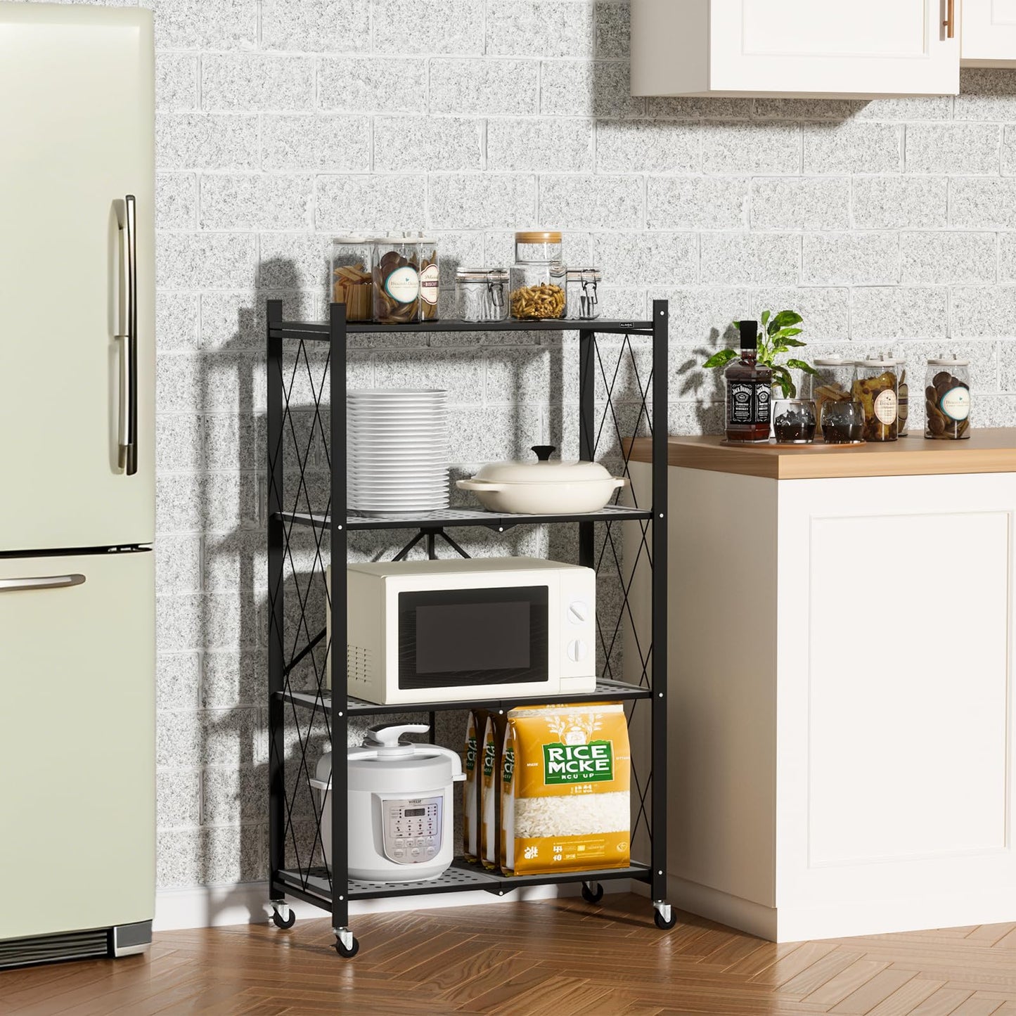 ALANNG Folding Storage Shelves with Wheels, 3 Tier and 4 Tier (2 Pack, Black)