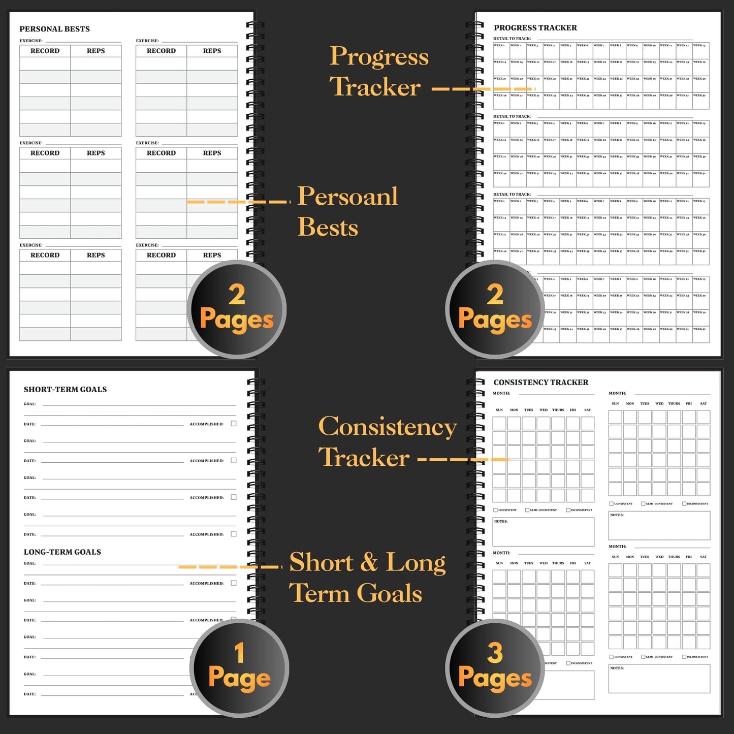Workout Journal for Men – Fitness Journal & Workout Logbook, Gym Fitness Planner Journal with 52 Weeks of Tracking - Exercise Book for Weight Loss & Training – 8.2 x 6 inches – Spiral Hard-Cover - Black