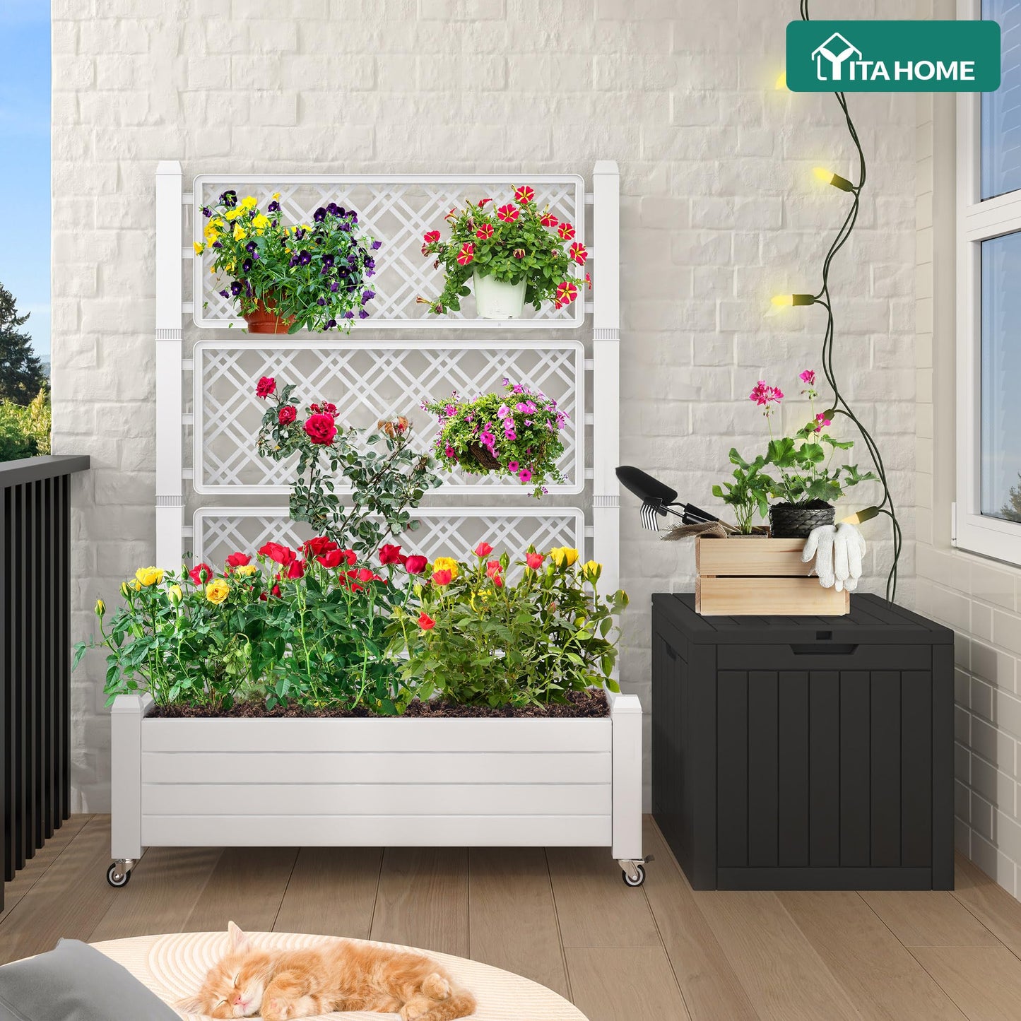 YITAHOME 43.3x17.7x61 in Planter Boxes Outdoor with Trellis, Resin Raised Garden Bed with Wheels & Drain Plug for Climbing Plants, Weather-Resistant Design Elevated Garden Bed with Trellis, White