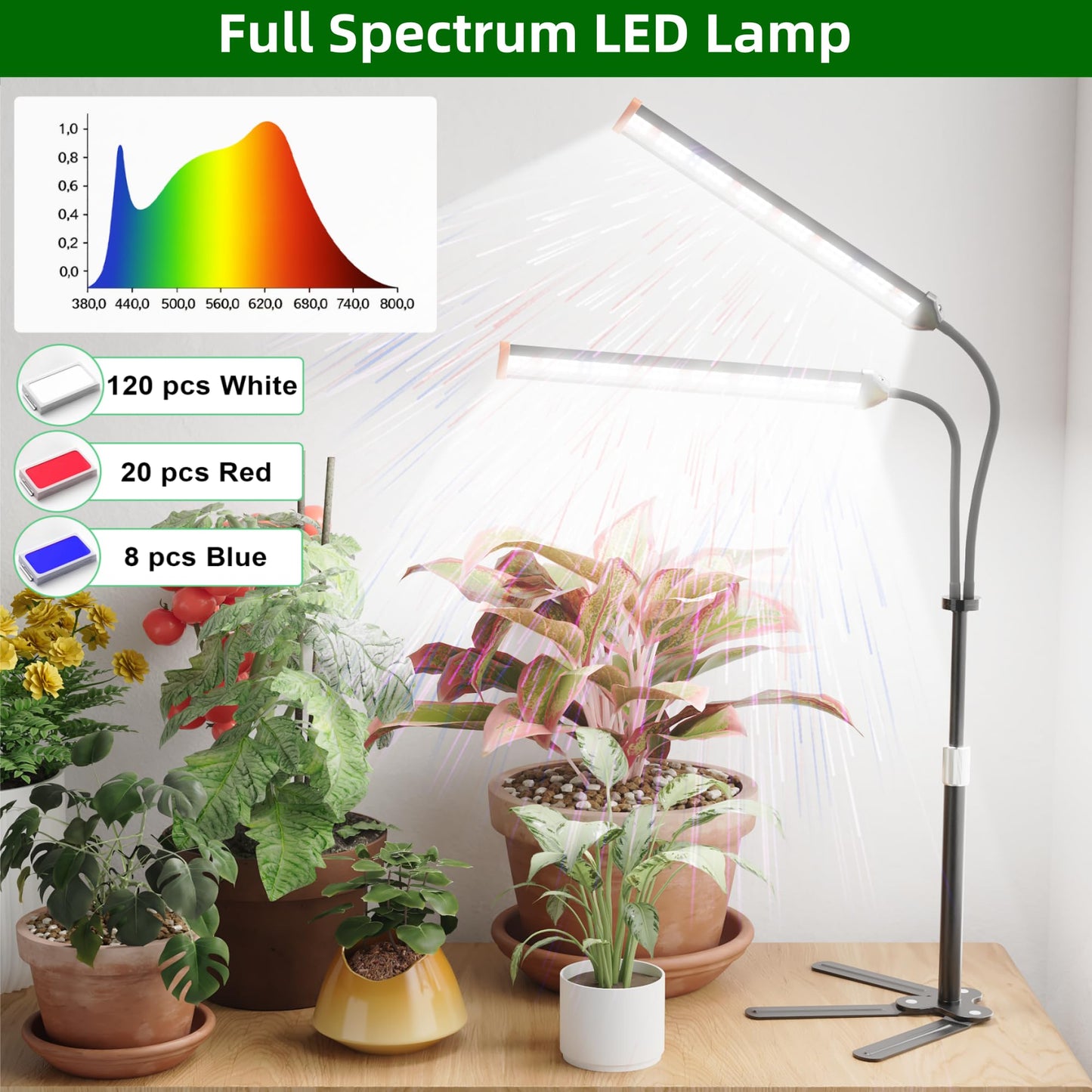 GooingTop Grow Light for Indoor Plants,5000K Full Spectrum Growing Plant Lamp with White Red Blue LED for Pots Succulents Seed Starting,Height Adjustable 10-32'' with Optional Dimming & Timer