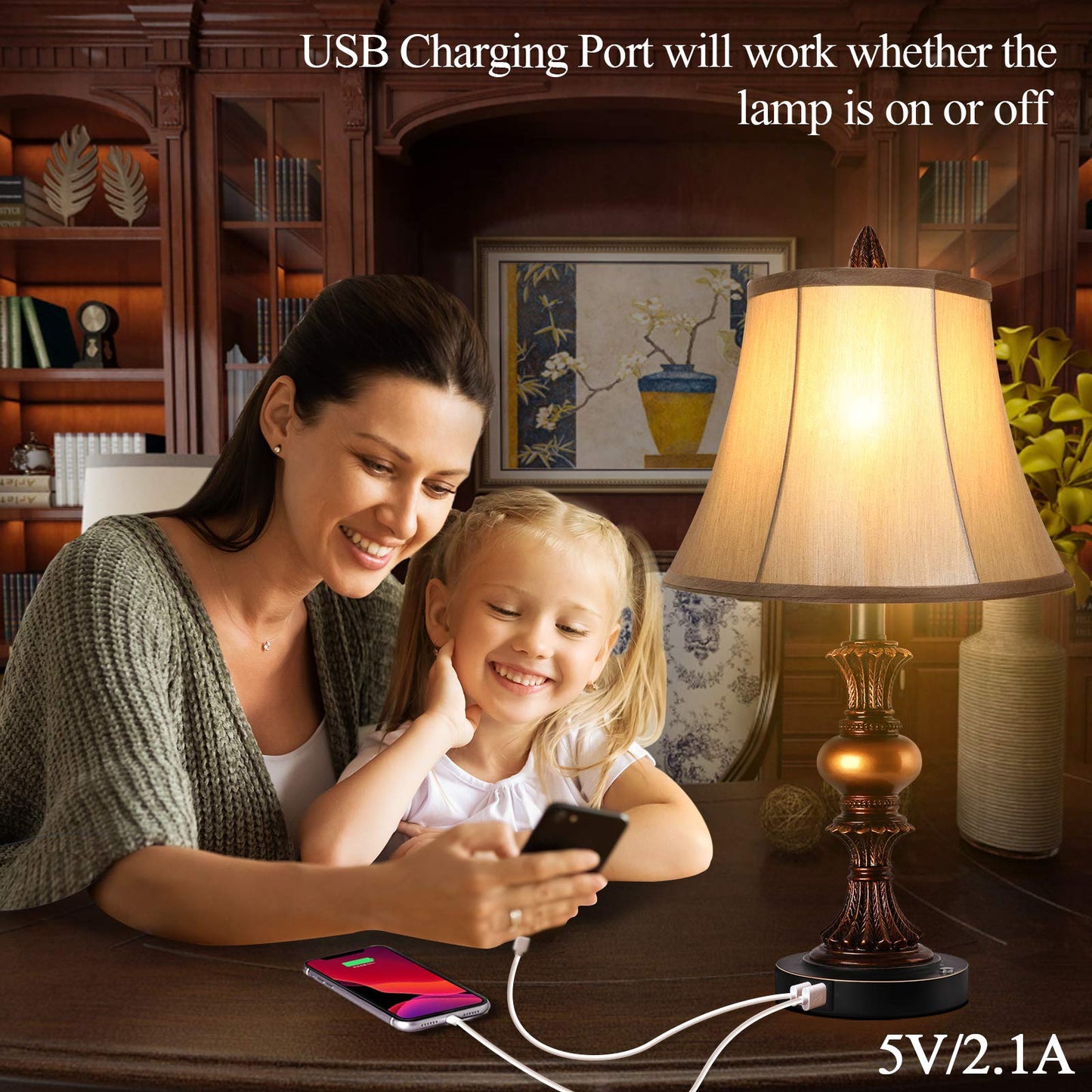 Touch Control Traditional Table Lamp Set of 2, Vintage Bedside Lamps with Dual USB Charging Ports, 3-Way Dimmable Bronze Finish Desk Lamps with Bell Shape Faux Silk Shade for Living Room, Bedroom