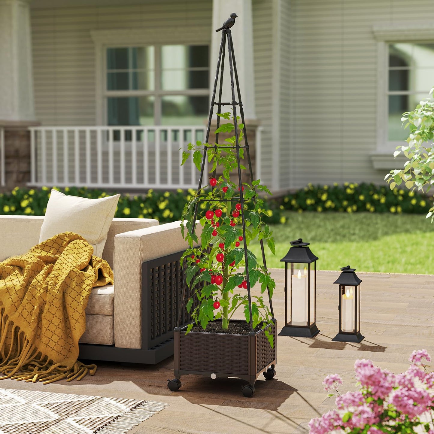 Giantex Raised Garden Bed with Wheels & Tomato Cage, Self Watering Planter Box with Obelisk Trellis, Adjustable Height, Indoor Outdoor Planter for Climbing Plant Flower Vegetable Fruit (1)