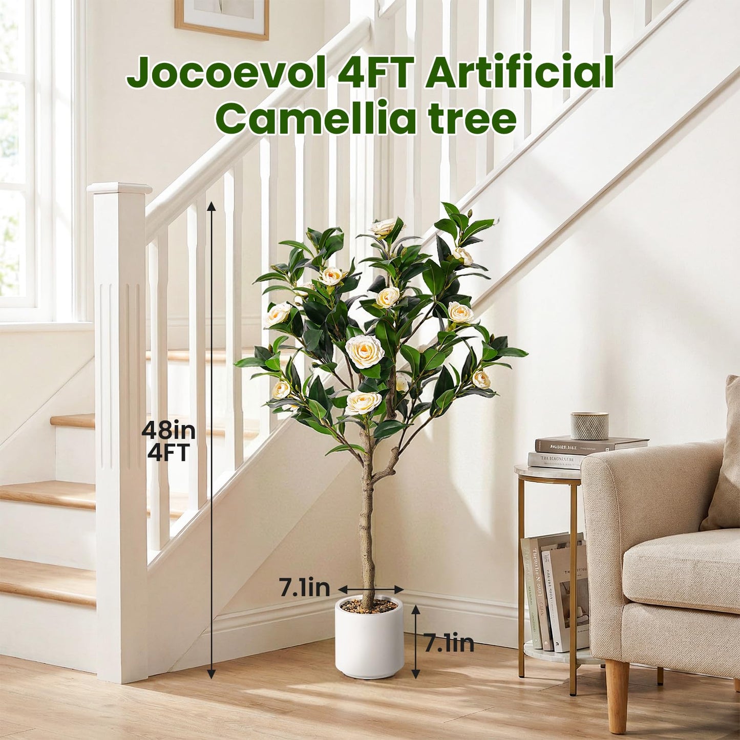 Jocoevol 4FT Artificial Camellia Tree 2 Pack, Fake Floral Plant with Realistic Trunk, Leaves, Flowers & Planter, Flower Artificial Tree, Artificial Flower for Front Porch Decor & Housewarming Gift