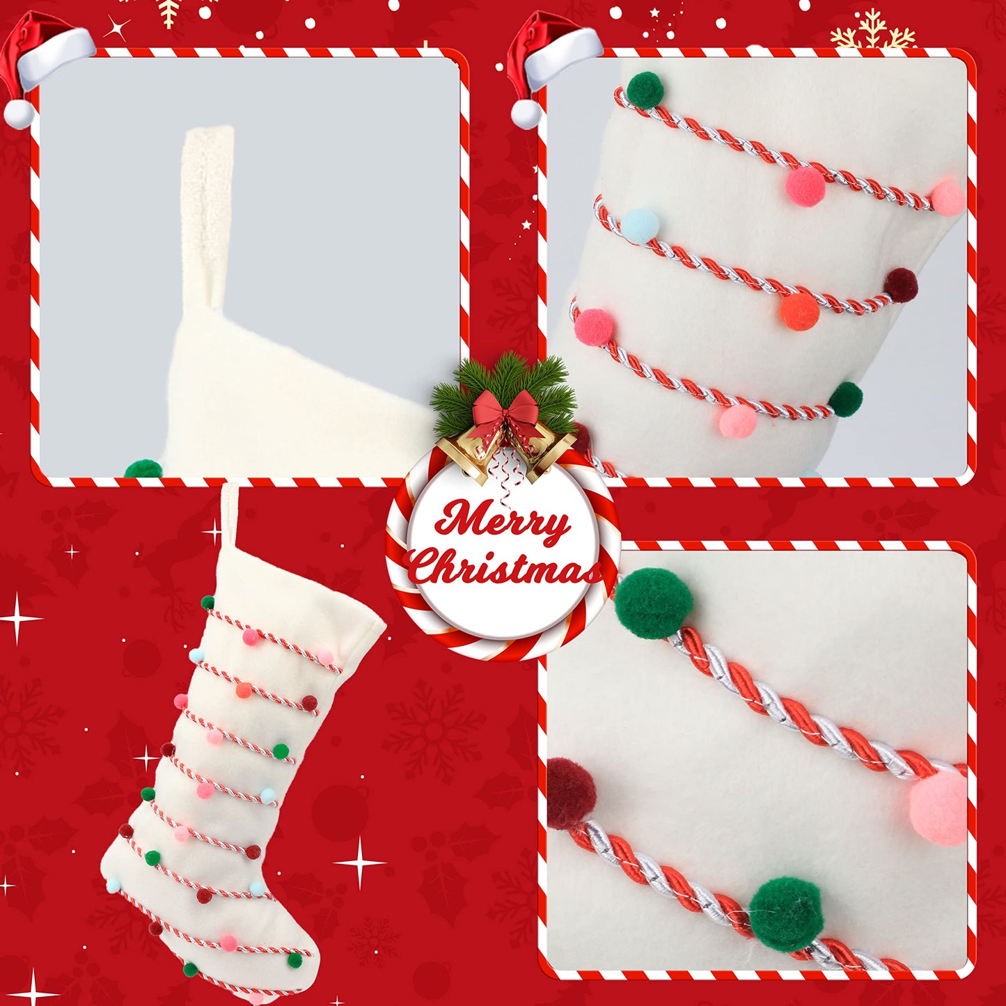 Hopearl Pom Pom Christmas Stocking Boho Style Socks Ultra Soft Holders Ornament Luxury Gifts Bags for Family Xmas Tree Party Supplies, Cream, 18''