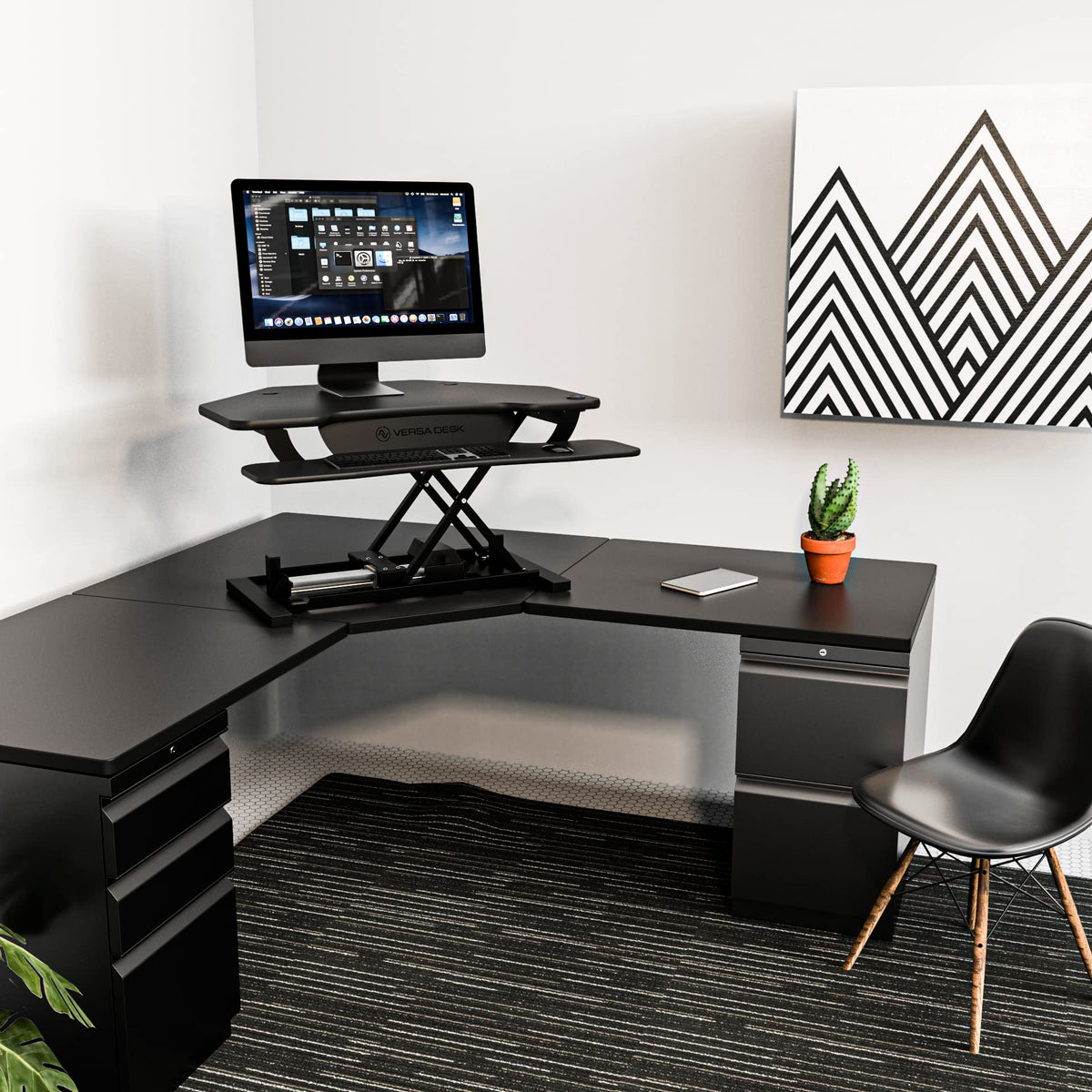 VERSADESK PowerPro 36" Corner Standing Desk Converter, 36 Inch Motorized Height-Adjustable Standup Desk Riser Sit to Stand Desktop with Keyboard and Mouse Tray + USB Charging Port, Black