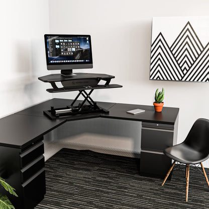 VERSADESK PowerPro 36" Corner Standing Desk Converter, 36 Inch Motorized Height-Adjustable Standup Desk Riser Sit to Stand Desktop with Keyboard and Mouse Tray + USB Charging Port, Black