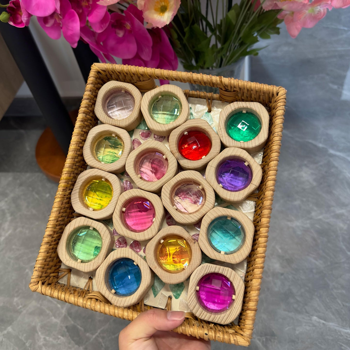 KOAICS 20PCS Wooden Gem Blocks Stacking Toys,Colorful Acrylic Windows Blocks, Rainbow Crystal Acrylic Building Cubes Educational Sensory Training Crystal Toys (20PCS Round Gem Blocks)