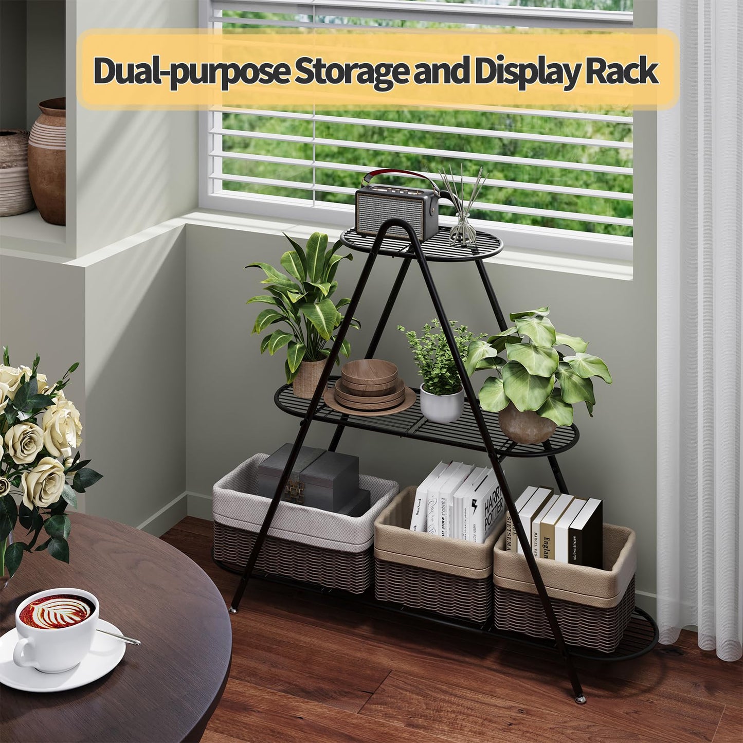 Furshus Plant Stand for Patio, 3-Tier Metal Plant Shelf–Indoor/Outdoor Display Rack for Multiple Pots, Heavy Duty Plants, Garden Flower Organizer (Black)