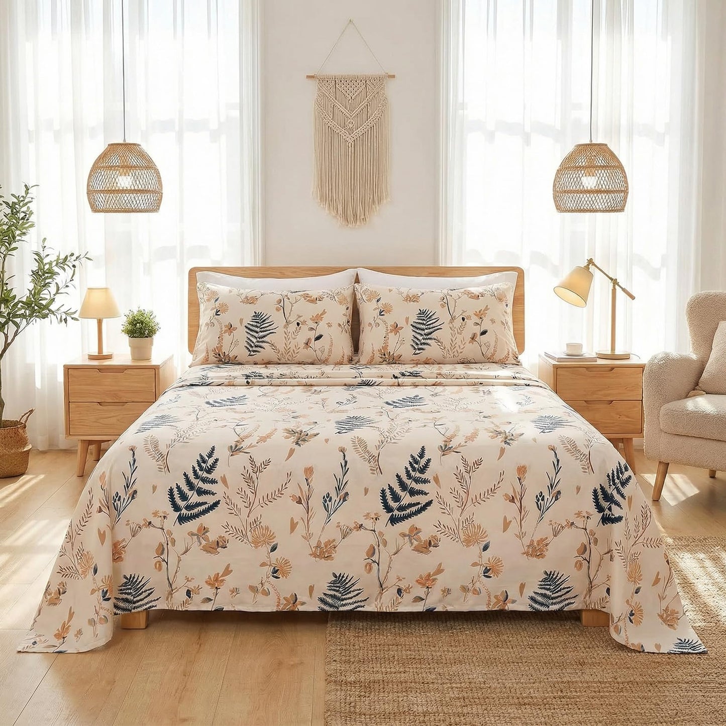 JSD Boho Floral Printed Sheet Set King Size, 4 Piece, Soft Botanical Pattern Microfiber Sheets Extra Deep Pocket