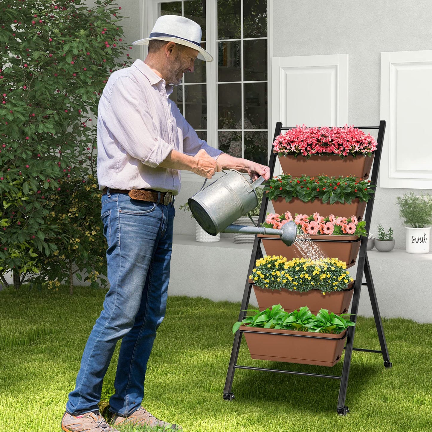 S AFSTAR 5-Tier Vertical Garden Planter, Raised Garden Bed with 2 Lockable Wheels, 6 Removable Planter Boxes, Metal Frame, Indoor Outdoor Elevated Planting Box for Flower Vegetables Fruit Herbs