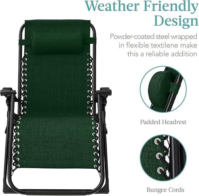 Best Choice Products Oversized Zero Gravity Chair, Folding Outdoor Patio Recliner, XL Anti Gravity Lounger w/Removable Cushion, Cup Holder, Side Tray, 350lb Capacity - Forest Green
