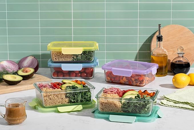 Ello Color Lock 5 Cup 10PC, 5 Pack Glass Meal Prep Sets Leak-Proof Glass Food