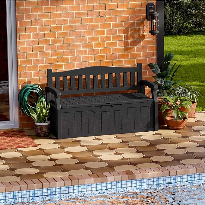 Patiowell 75 Gallon Plastic Storage Bench, Water-Resistant Deck Box for Patio Furniture, Garden Tools, Pool Storage and Outdoor Cushions, Black
