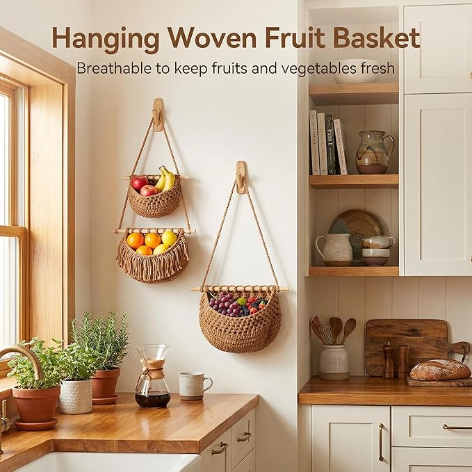 3 Tier Hanging Fruit Basket, Jute Wall Baskets Removable, Portable Produce