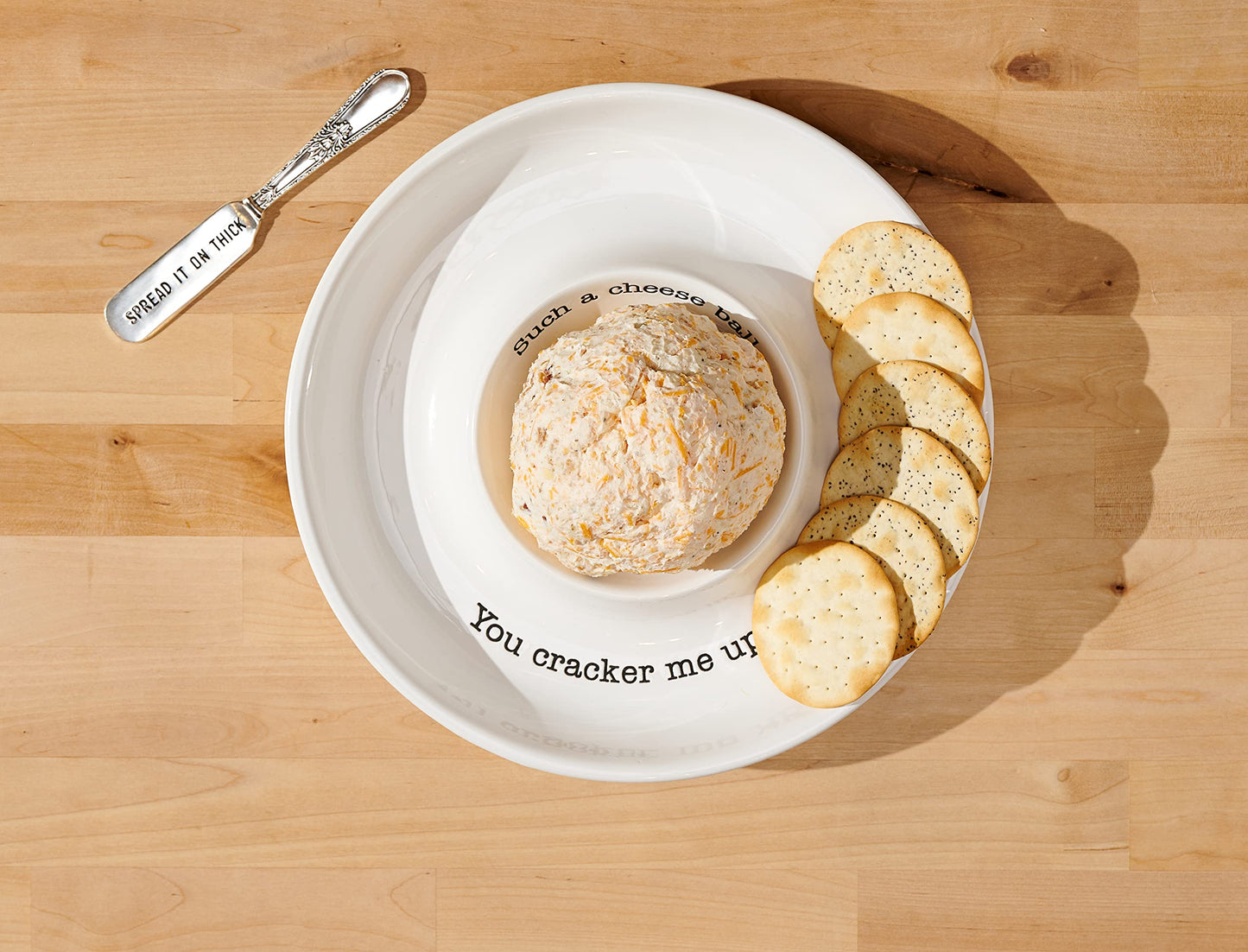 Mud Pie Circa Cheese Ball Dish Set,White, dish 1 1/2" x 9 1/2" dia | spreader 5 1/2"