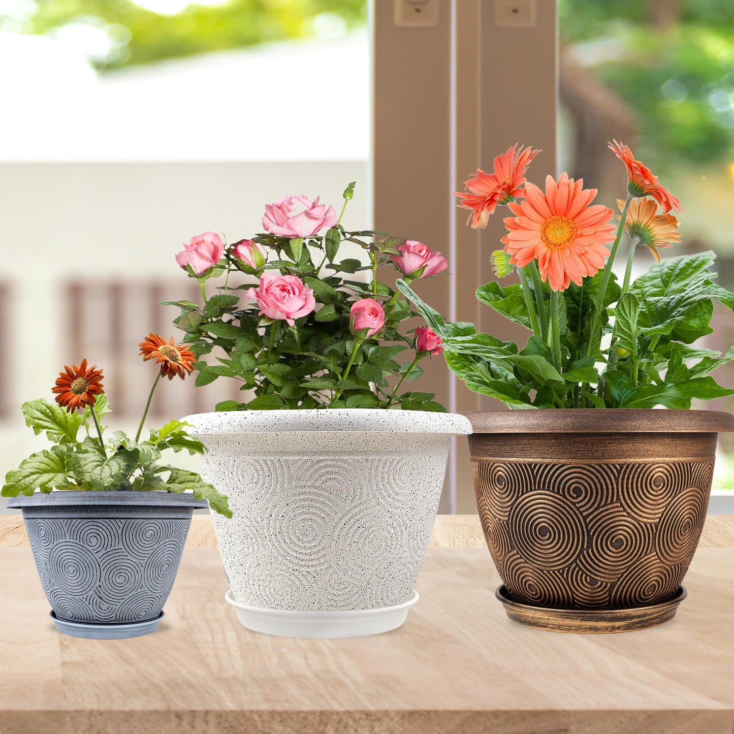 Fodetyff 12 Inch Large Planter Pot for Plants Indoor Outdoor, 4 Pack Plastic Flower Pots with Drainage Hole & Tray, Modern Decorative Garden Pot with Saucer, Plant Container for House