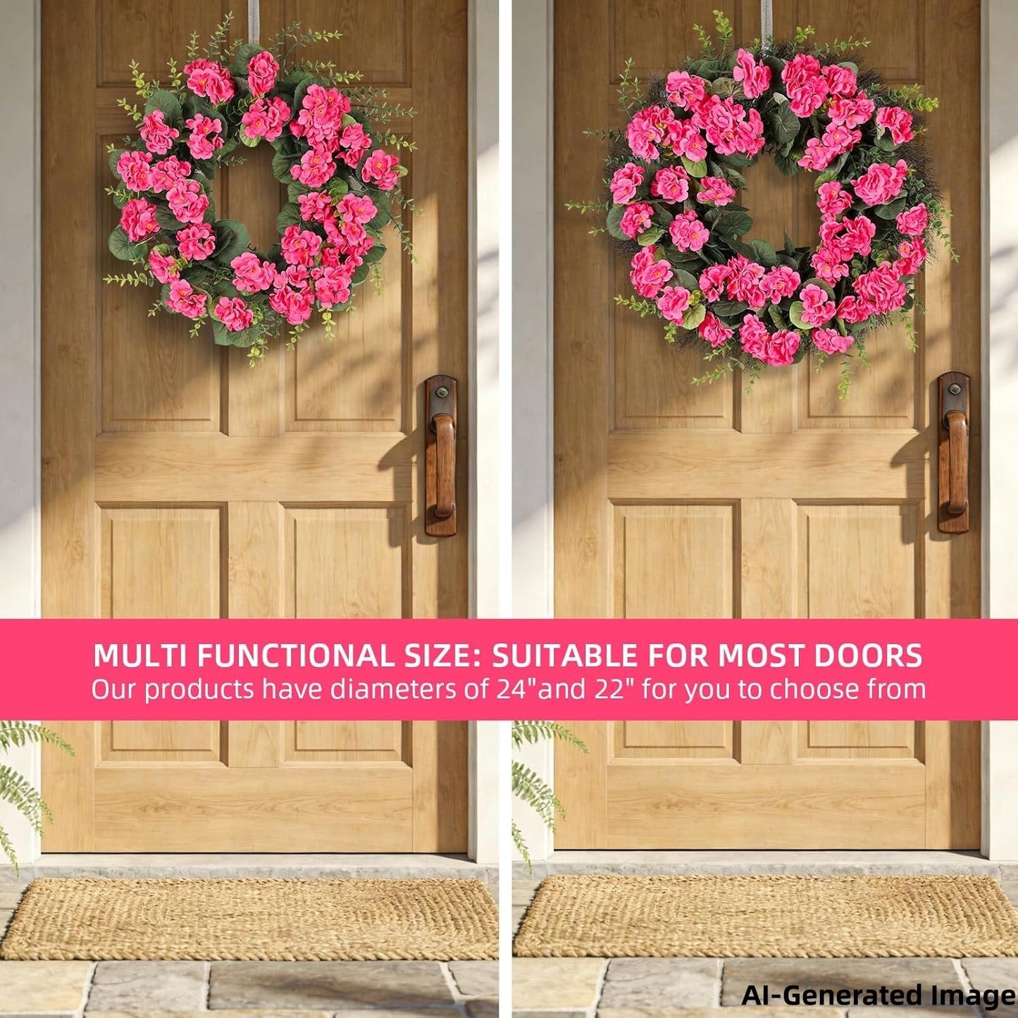 KuiMen Rose Red Artificial Geranium Wreath, 22 Inch Spring Summer Wreaths for Front Door with Blessed Hanging Sign, for Rustic Farmhouse Entryway Porch Balcony Decor
