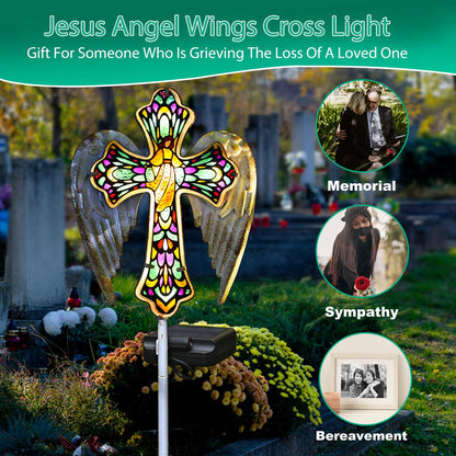 YJFWAL Solar Glass Cross Garden Stake Light, Cemetery Decorations for Grave Outdoor Lights, Easter Jesus Cross Angel Wings Sympathy Memorial Day Decor, for Garden Lawn Yard Patio
