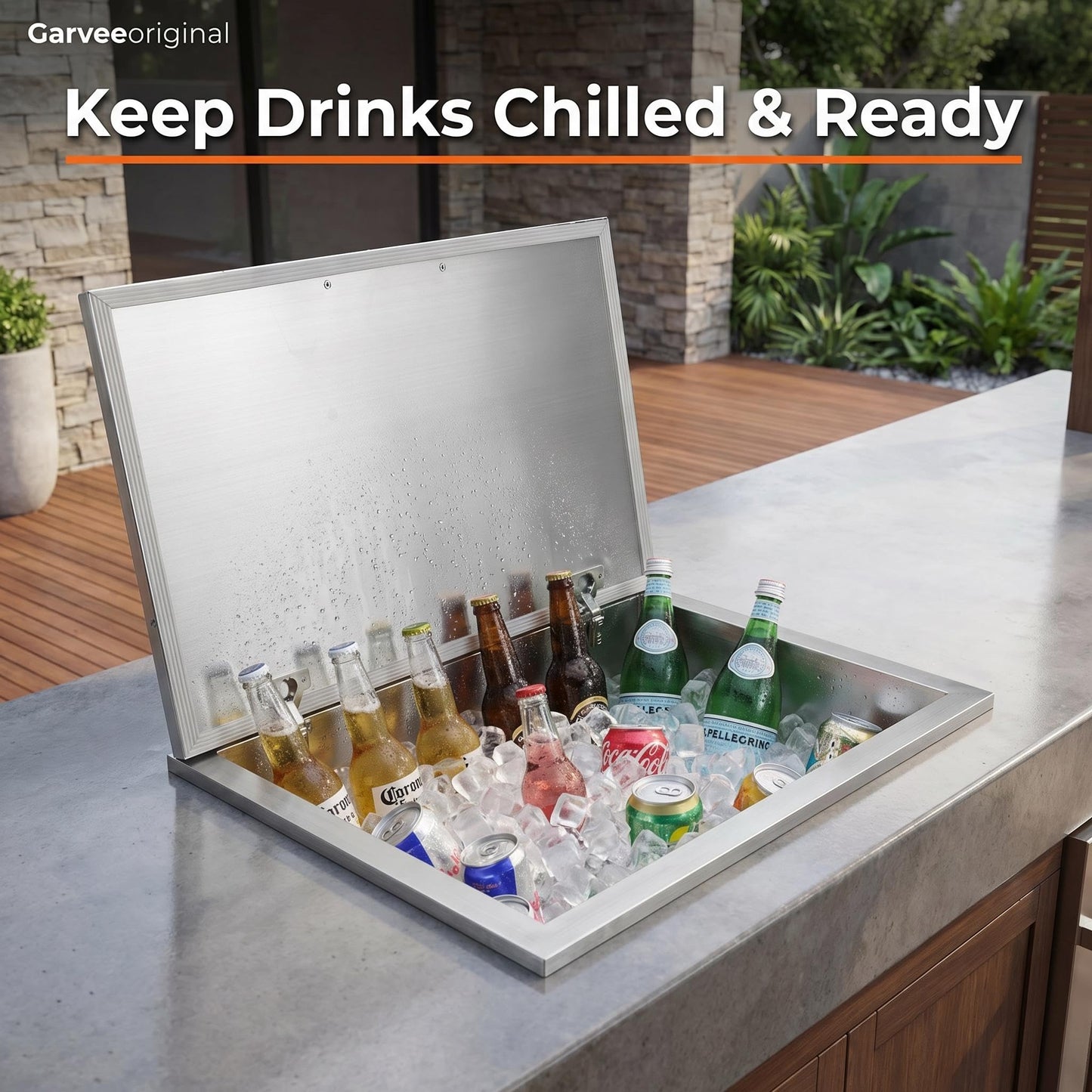 Garvee 20”Drop in Ice Chest 107.5L Built-in Cooler, Stainless Steel Outdoor Kitchen Ice Bin with Lid & Drain, Insulated Bar Ice Storage for Patio, BBQ, Restaurant Beverage Station