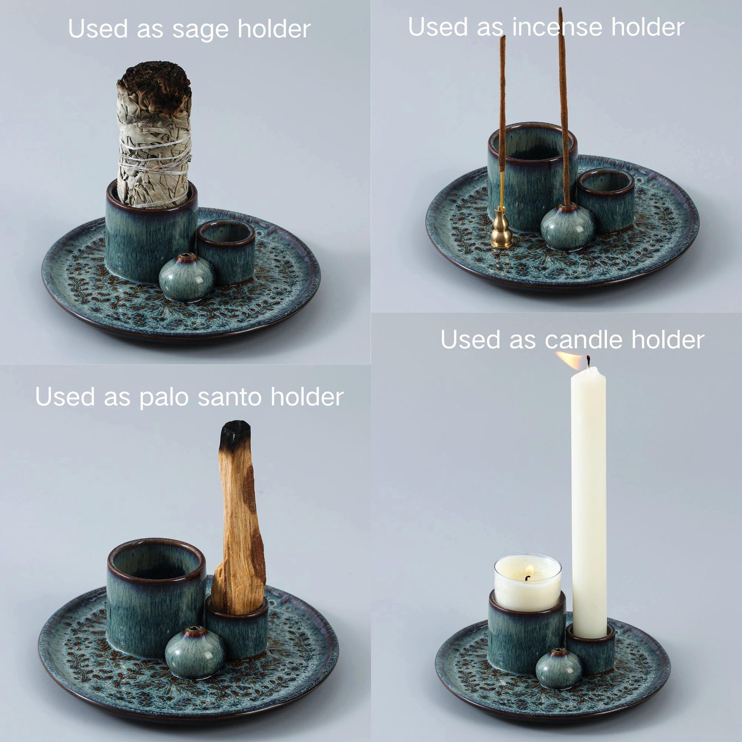 Reyife 5 in 1 Incense Holder Burner, 5.9" Ceramic Holder for Burning Palo Santo Sage Candle and Incense Sticks Cones, Ash Catcher Tray for Meditation Room Home Décor (Bluegrey)