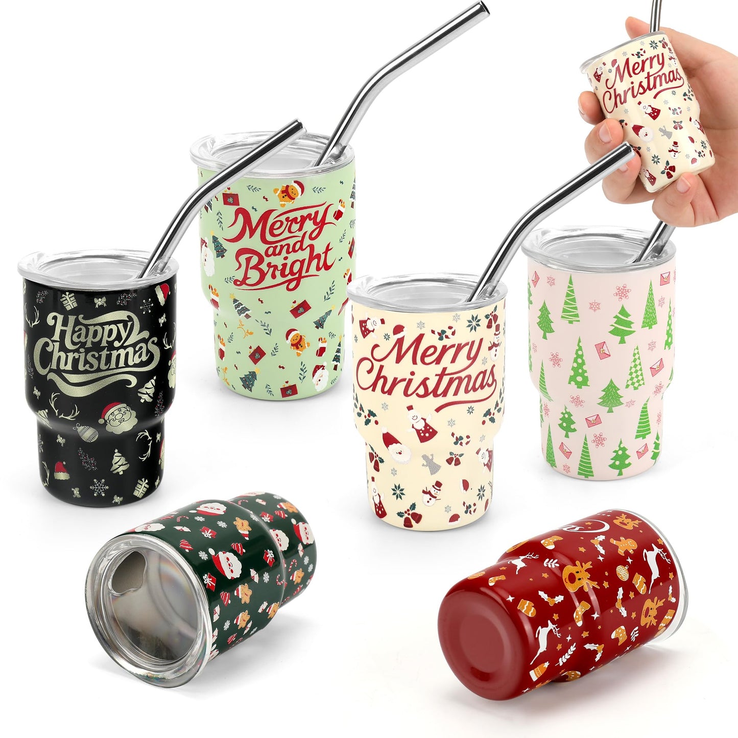 STFALI Cute Shot Glasses Set with Straw 2 oz, Mini Shot Tumblers with Lid and Straw, Kawaii Insulated Tumblers for Espresso Coffee Spirits Cute Stuff Funny Gifts (6 Pack-Christmas)