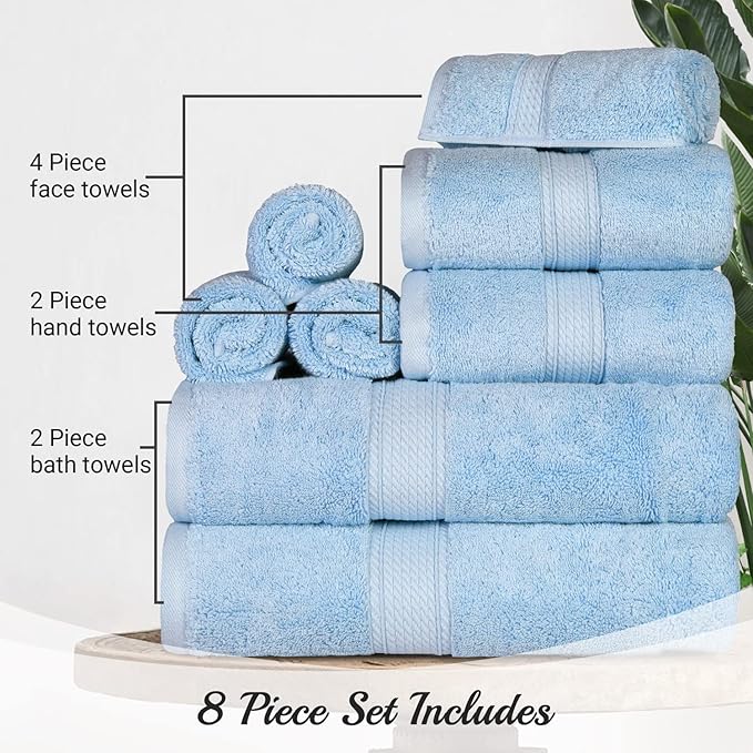 SUPERIOR Egyptian Cotton Pile 8 Piece Towel Set, Includes 2 Bath, 2 Hand