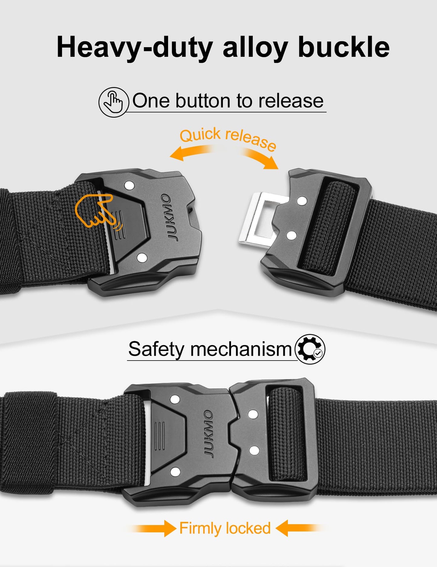 JUKMO Quick Release Tactical Belt, Military Work 1.5" Nylon Web Hiking Belt with Heavy Duty Seatbelt Buckle (Medium-for Waist 36"-42" (Length 49"), Black)