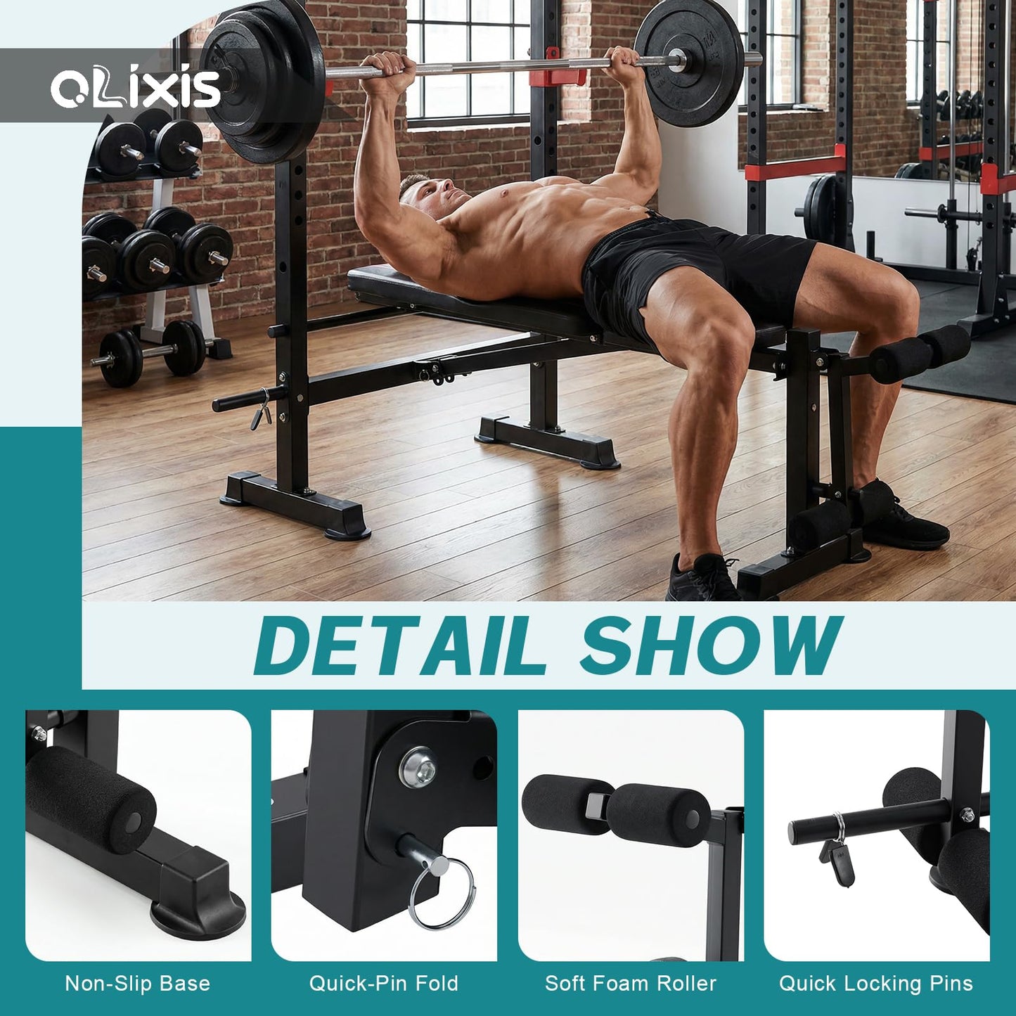 OLIXIS Adjustable Weight Bench Set with Rack, 650 LBS Capacity Heavy Duty Foldable Bench Press Set with Leg Extension Curl, Easy Assembly Strength Training Workout Set for Garage, Home, Gym