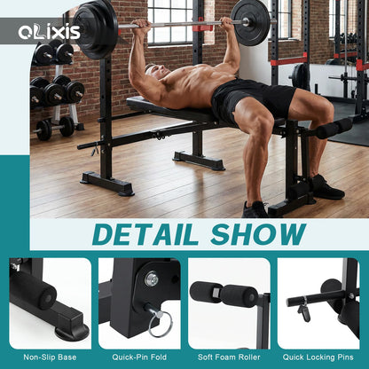OLIXIS Adjustable Weight Bench Set with Rack, 650 LBS Capacity Heavy Duty Foldable Bench Press Set with Leg Extension Curl, Easy Assembly Strength Training Workout Set for Garage, Home, Gym
