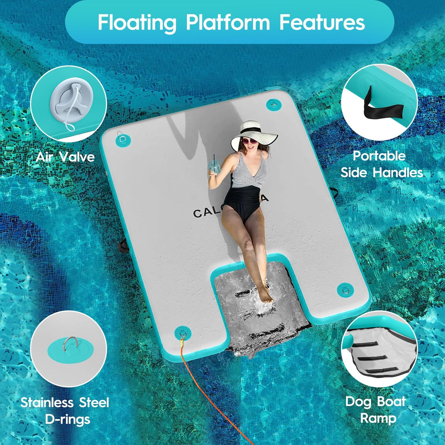 CALOBANA 8ft×6ft Inflatable Floating Dock with Dog Ramp, Float Island with Boat Ramp for Adults & Pets, Heavy Duty Lake Dog Raft Dock Platform with Ladder for Sea or River,Party,Grey+Mint Green