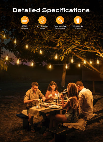 Brightown Outdoor String Lights, 150FT 47+2 LED ST38 LED Patio Lights Shatterproof, Dimmable IP65 Waterproof Connectable Hanging Outdoor Light for Backyard, Porch, Deck, Balcony
