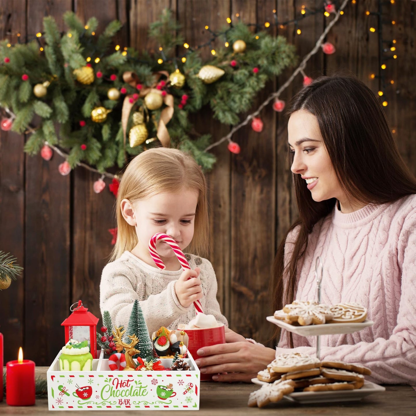 FYSUIMU Christmas Hot Cocoa Wood Storage Box Red-Green Xmas Rustic Wooden Organizer Bins Tabletop with 4 Compartments for Holiday Farmhouse Party Home Office Kitchen Decor