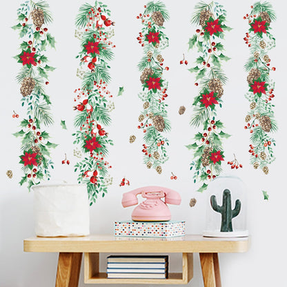 Christmas Garlands Wall Stickers Christmas Pine Cones Red Berry Vine Wall Decals Hanging Poinsettia Green Leaves Flower Window Decals for Xmas Winter Party Home Office Classroom Festival Decoration