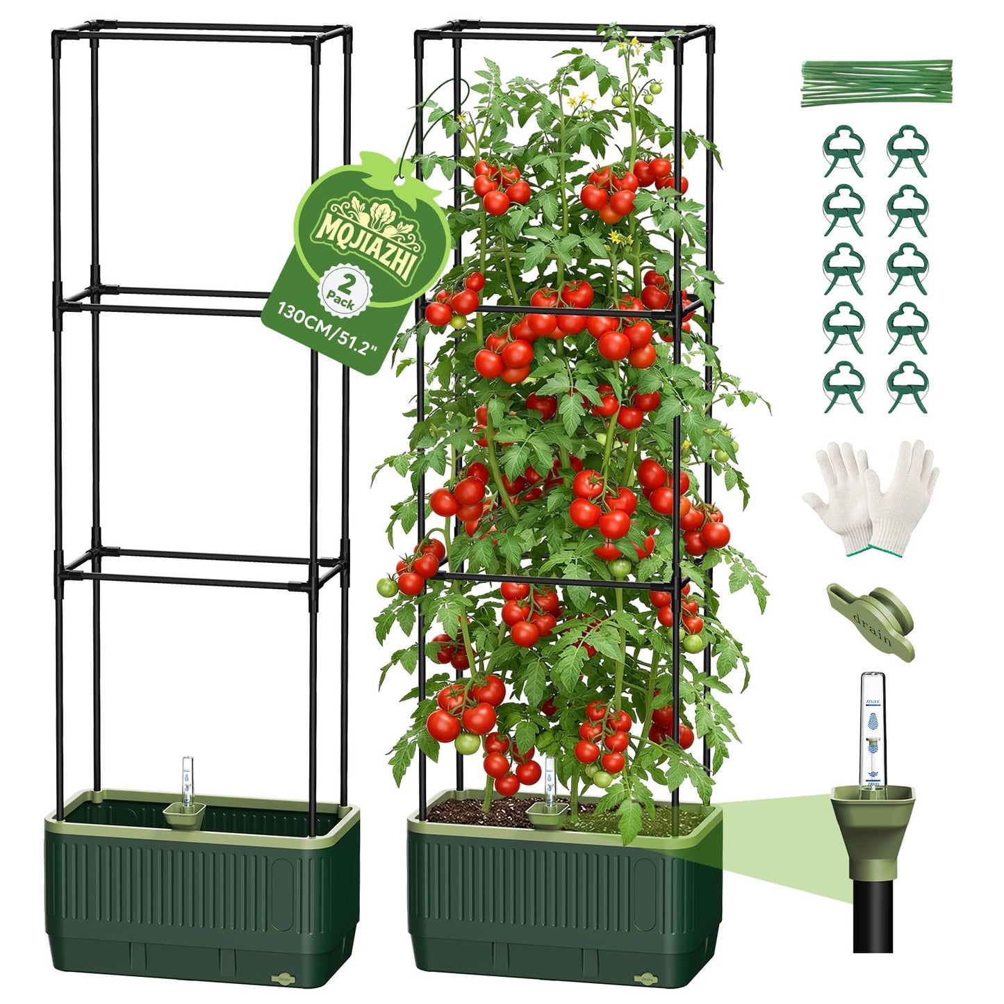 MQJIAZHI Raised Garden Bed with Tomato Cages，52"/4.3ft Tomato Planter with Trellis,Adjustable Height,Self Watering Planter Box for Vegetables & Climbing Plant Indoor Outdoor Balcony Patio (2)