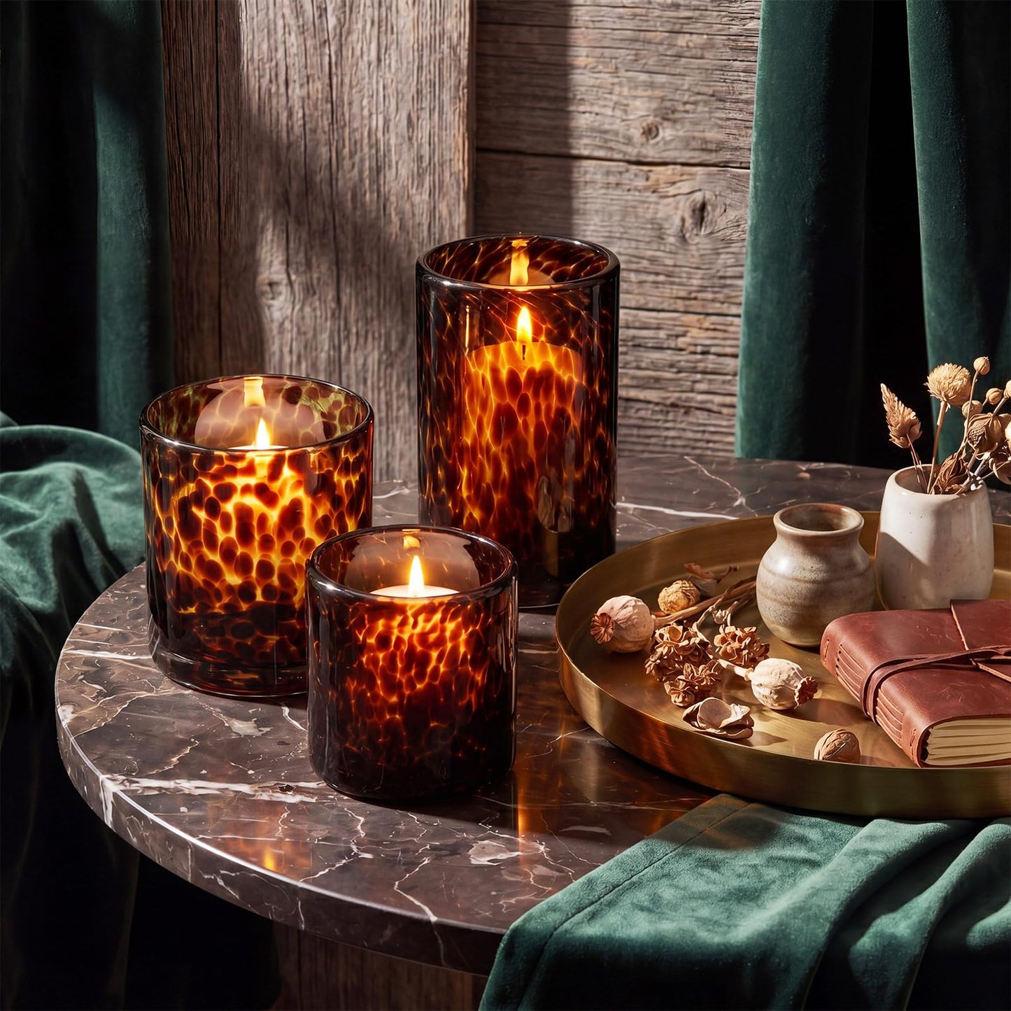 Potchen Set of 3 Tortoise Shell Glass Candle Holder Vase Set 3/4/5" Tealight Pillar Candle Holder Leopard Print Tortoiseshell Cheetah Animal Print for Table Decoration Centerpieces Home Dining Party