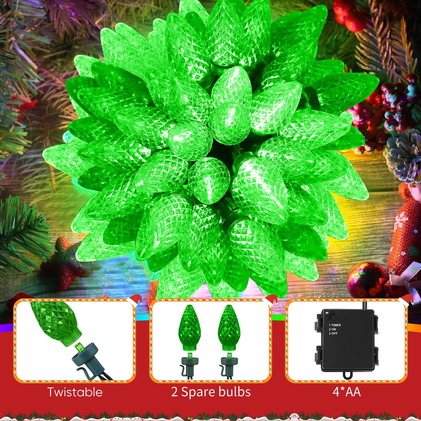 SUPHONOR C9 Christmas String Lights, Waterproof 33 FT 50 LED C9 Battery Operated Lights String & Timer, C9 Christmas Lights for Indoor Outdoor Home Yard Xmas Tree House Decorations (Green, 50 LED)