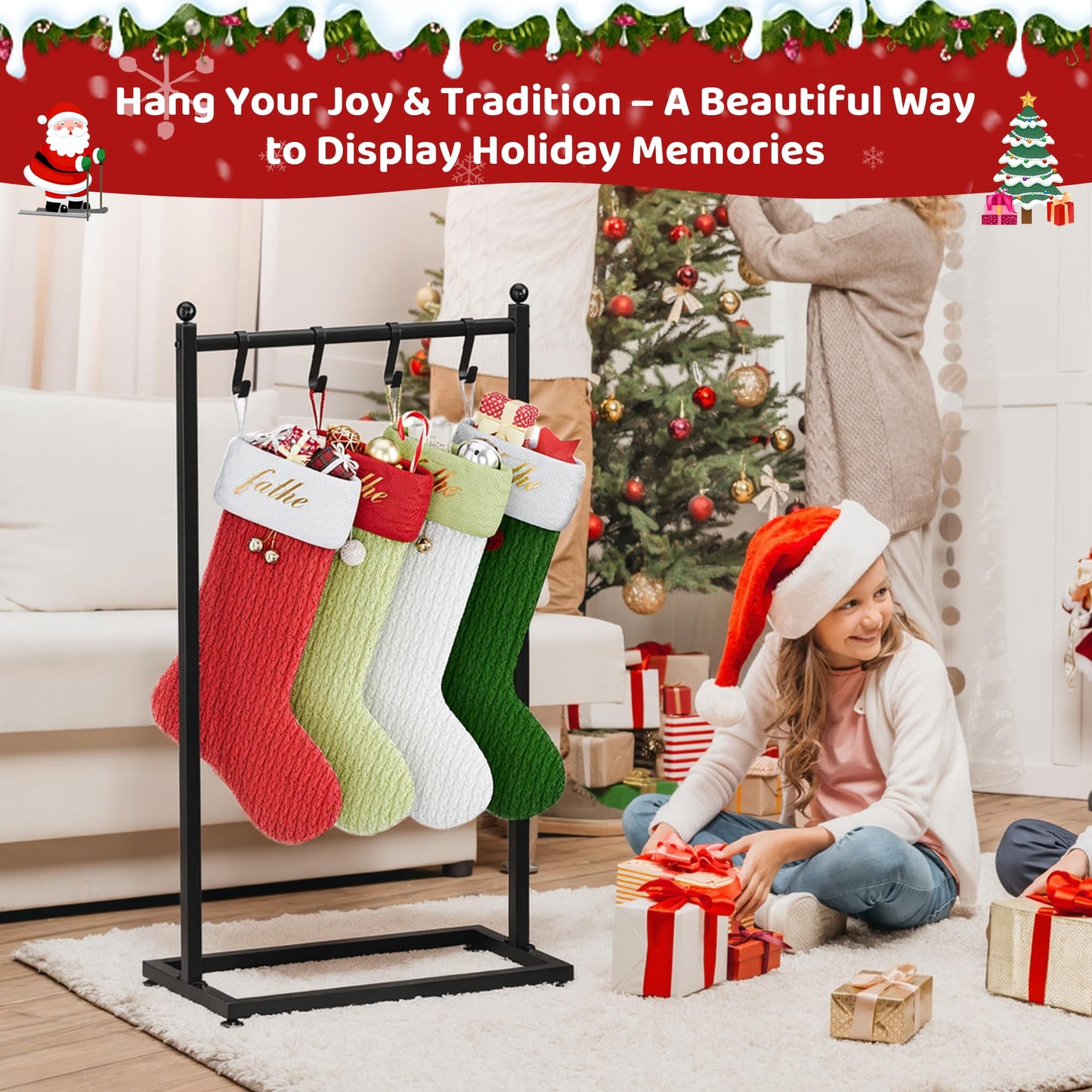 VERSASKY Christmas Stocking Holder Stand for Floor, Free Standing Stocking Rack with 4 Removable Hooks, Heavy Duty Metal Frame, 40 lbs Capacity, Adjustable Feet for Stable Display, Black