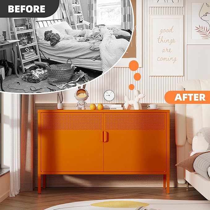 Orange Metal Storage Cabinet, 2 Door TV Stand, Metal Mesh Accent Cabinet