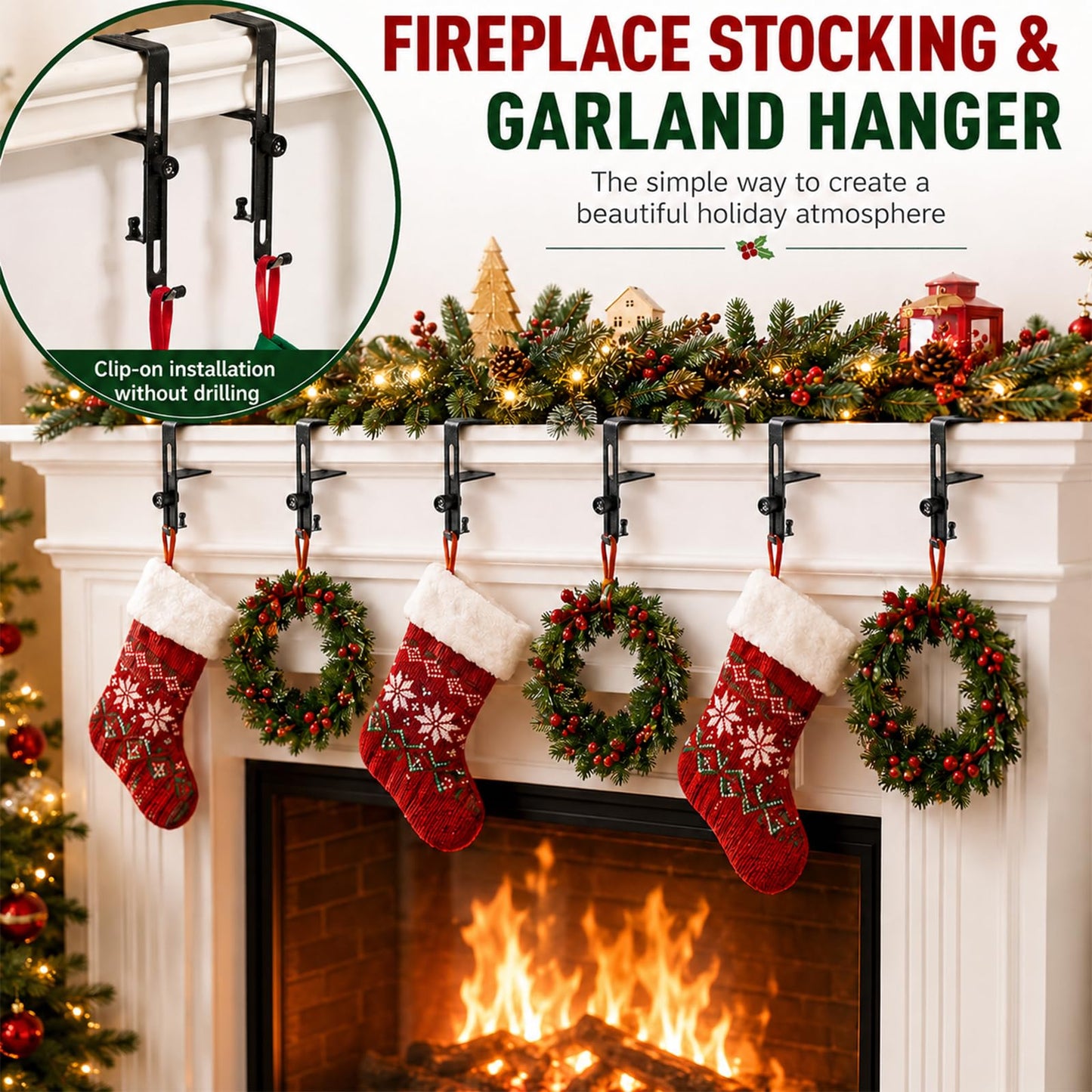 Gayrrnel 4 Pack Stocking Holders for Mantle, 2 in 1 Mantel Hanger for Garland Hooks for Christmas Adjustable No Drill Mantle Garland Hange for Fireplace Xmas Holiday Home Party Decoration